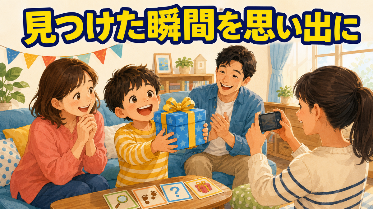 宝探しで誕生日プレゼントを見つけ、家族で一枚の写真を残す