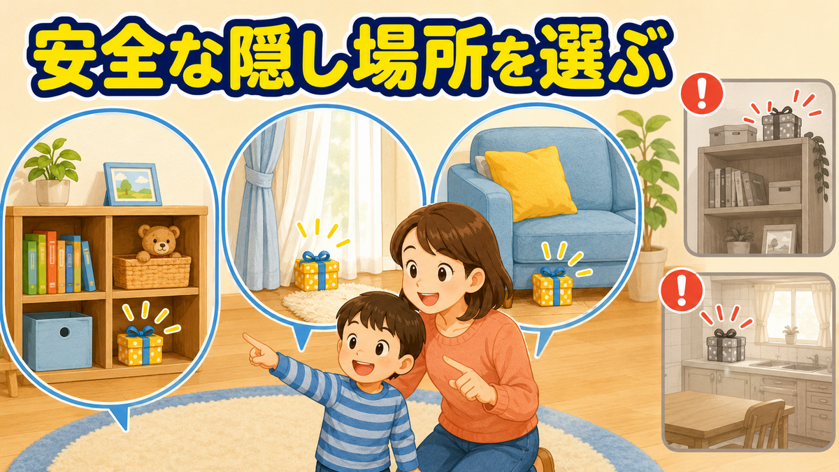 安全な低い棚やソファのそばを宝探しの隠し場所に選ぶ