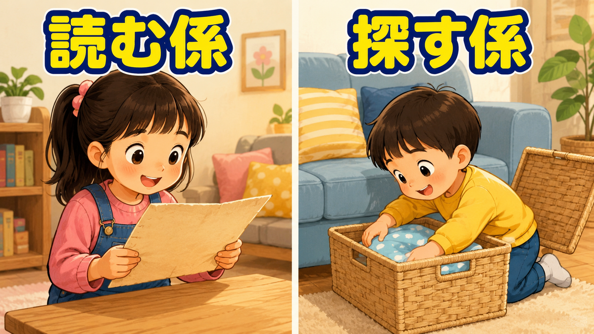 姉が読む係、弟が探す係になって宝探しを進める