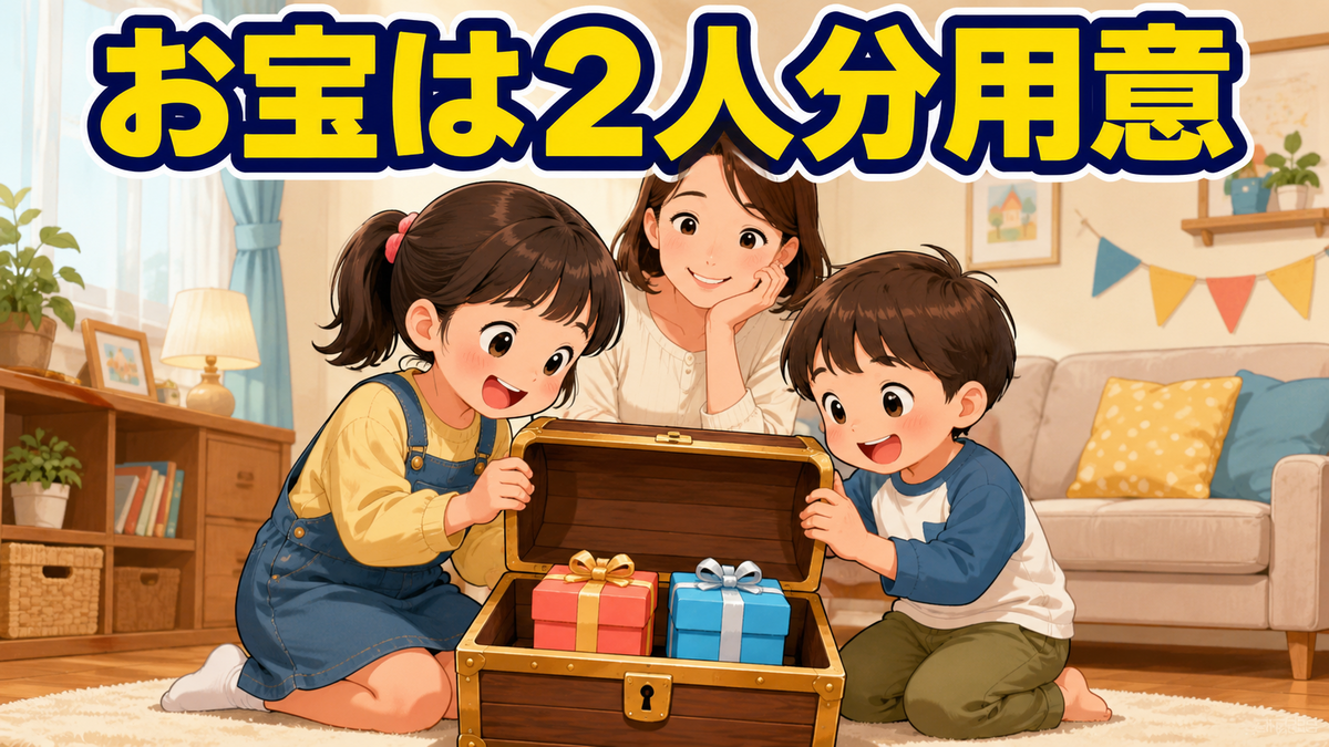 きょうだい二人分の小さな贈り物が入った宝箱を一緒に開ける
