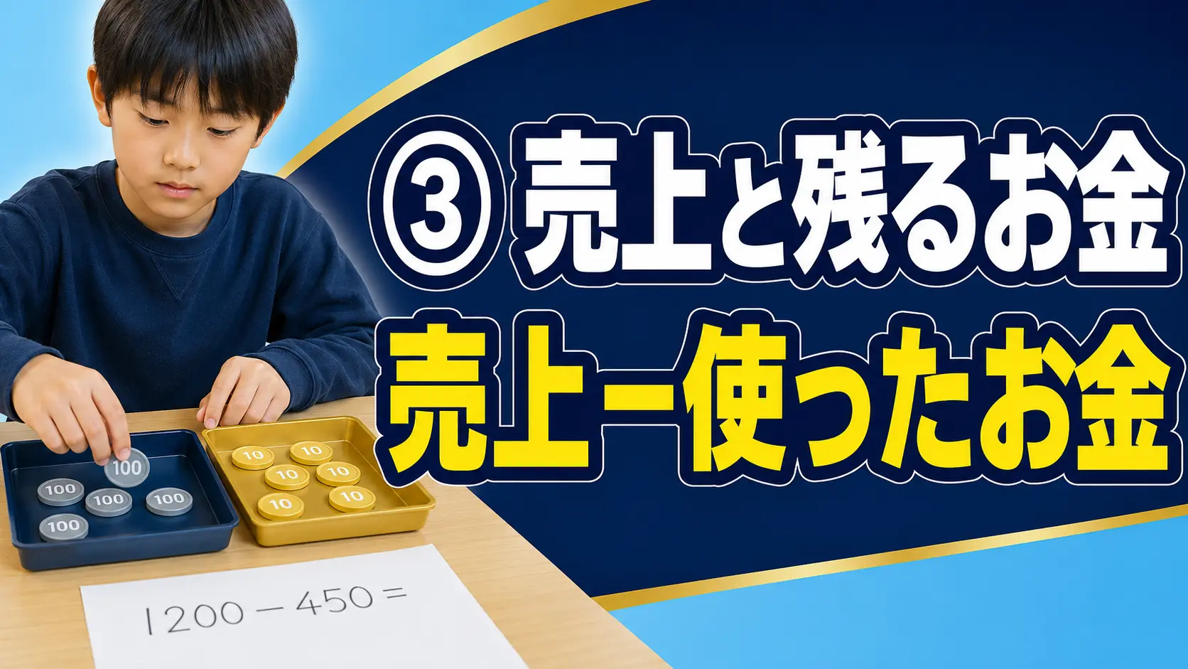売上と使ったお金を分けて残るお金を計算する子ども
