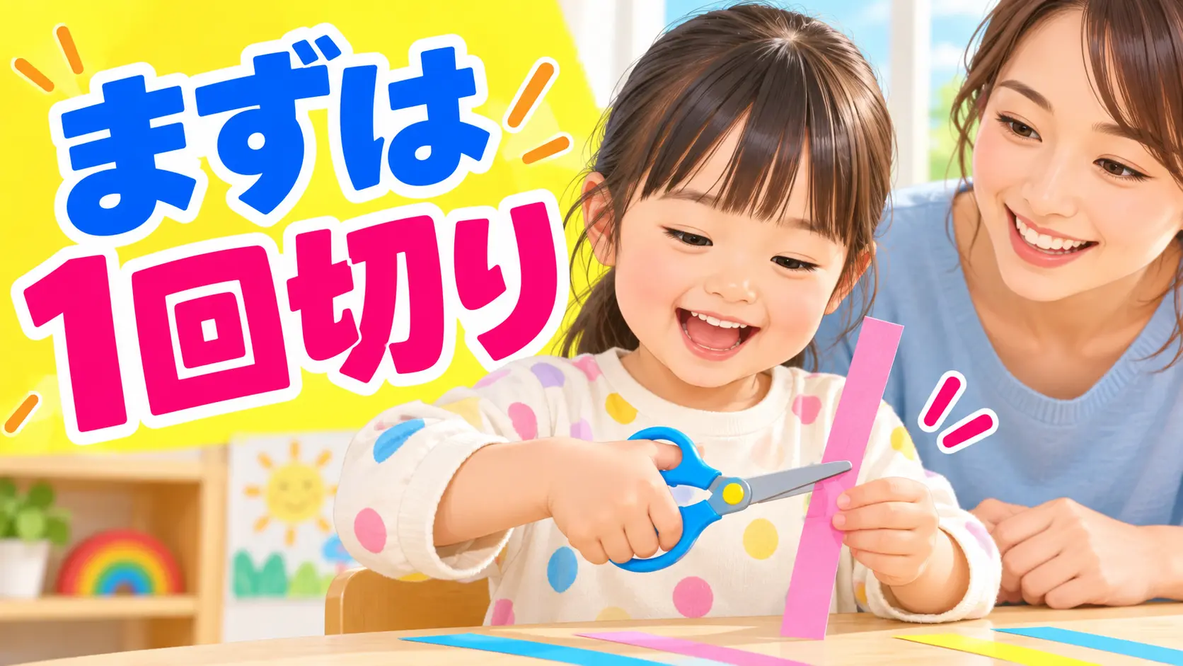 細い紙を一度の開閉で切るはさみ遊び