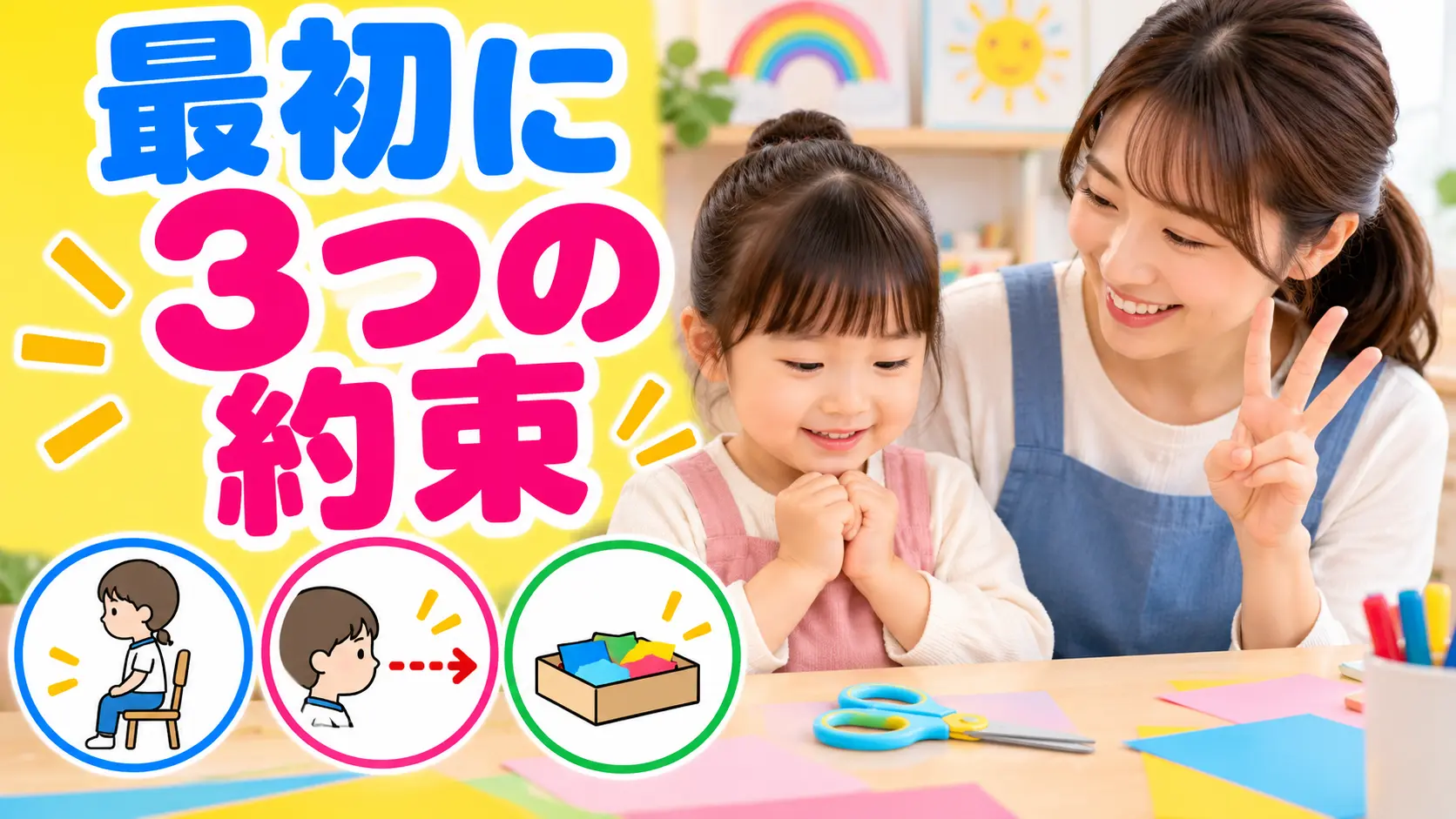 子どもとはさみを使う前の三つの約束を確認する保護者