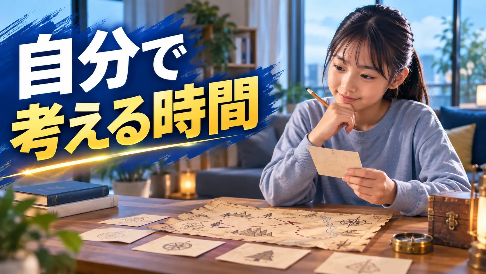 高学年の子どもが地図やカードを机に並べて謎を考えている様子