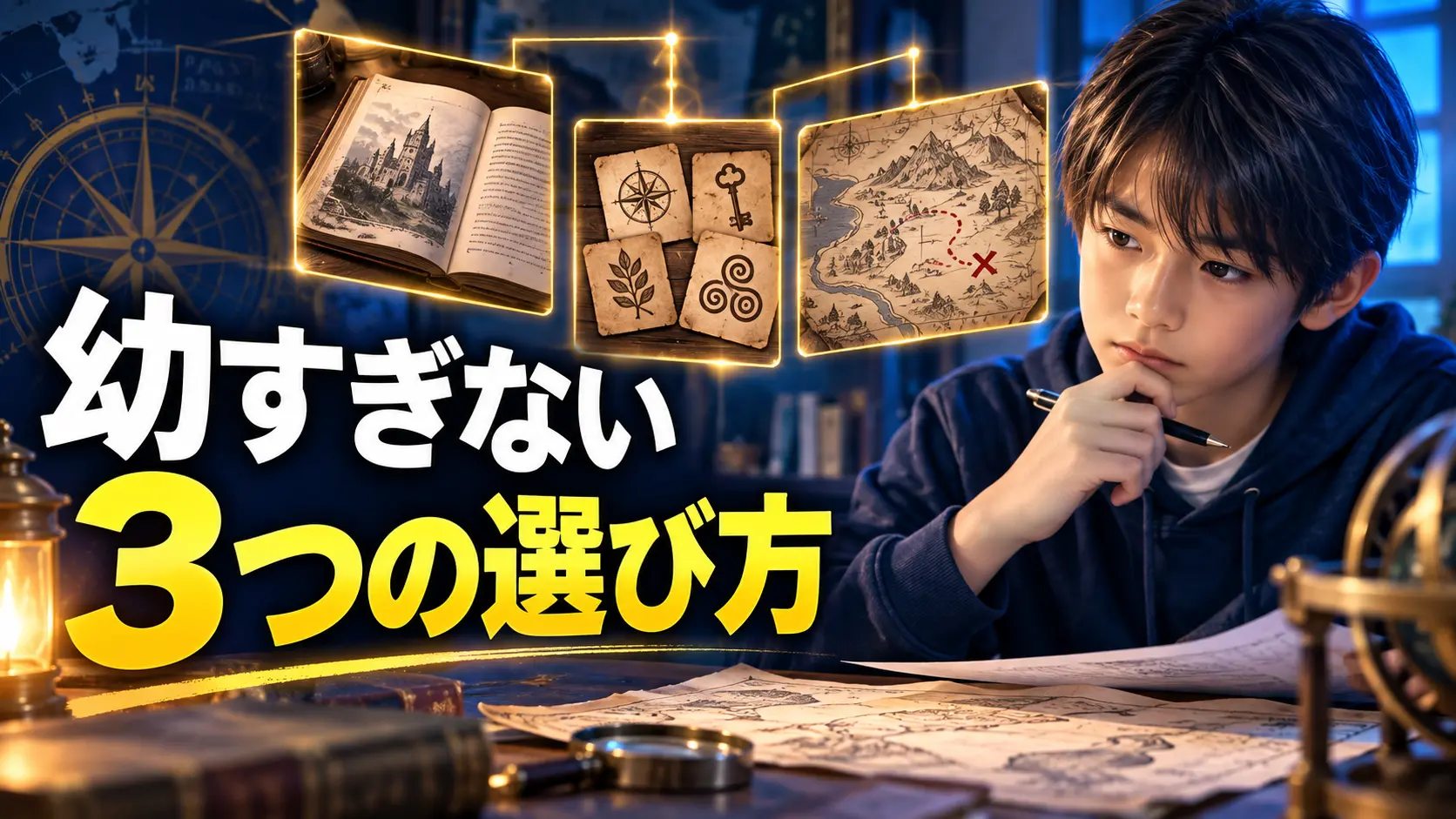 物語、図、記号の手がかりを見比べる子どもの手元