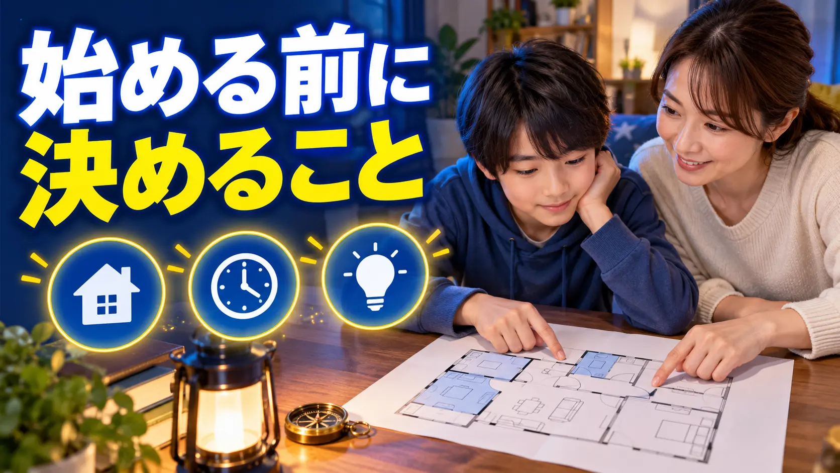 保護者と子どもが家の間取りを見ながら遊ぶ範囲を確認している様子