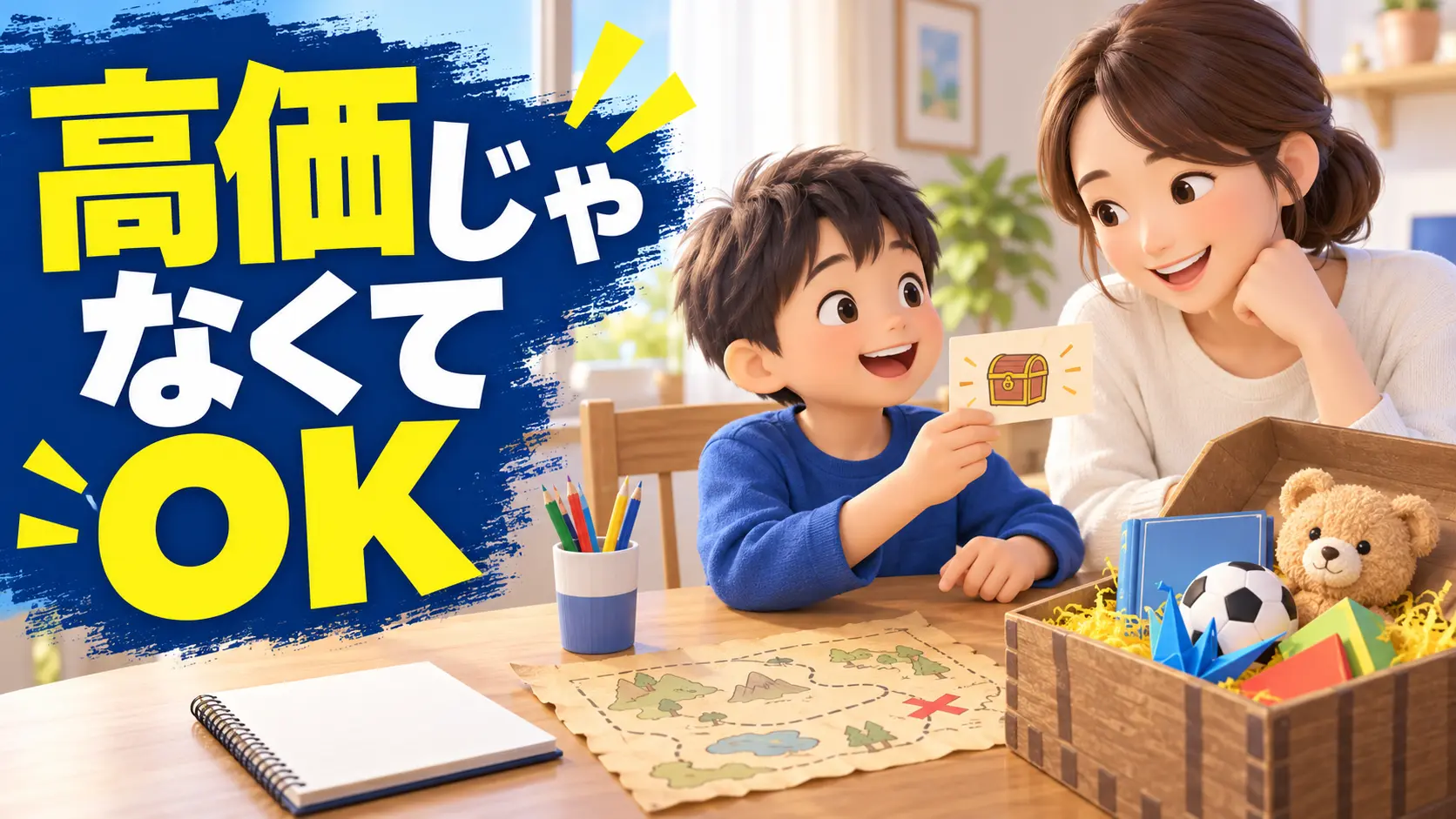 保護者と子どもが宝探しの景品候補を相談している様子
