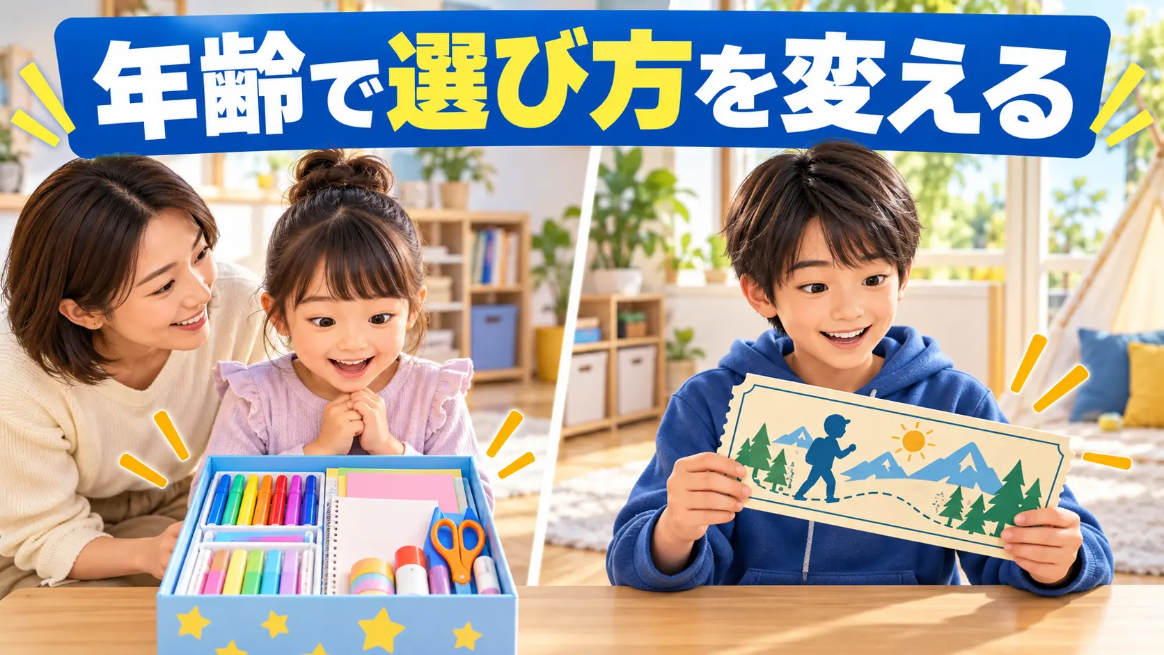 年齢に合わせて文房具と手作り体験券から景品を選ぶ様子