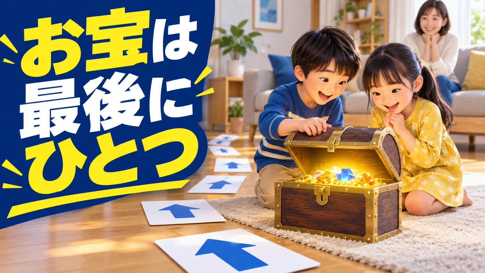 最後の手がかりの先で一つの宝箱を見つける子ども