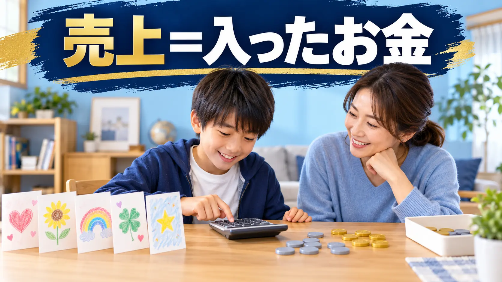 売上は入ったお金と大きく書かれた図を親子で見る様子