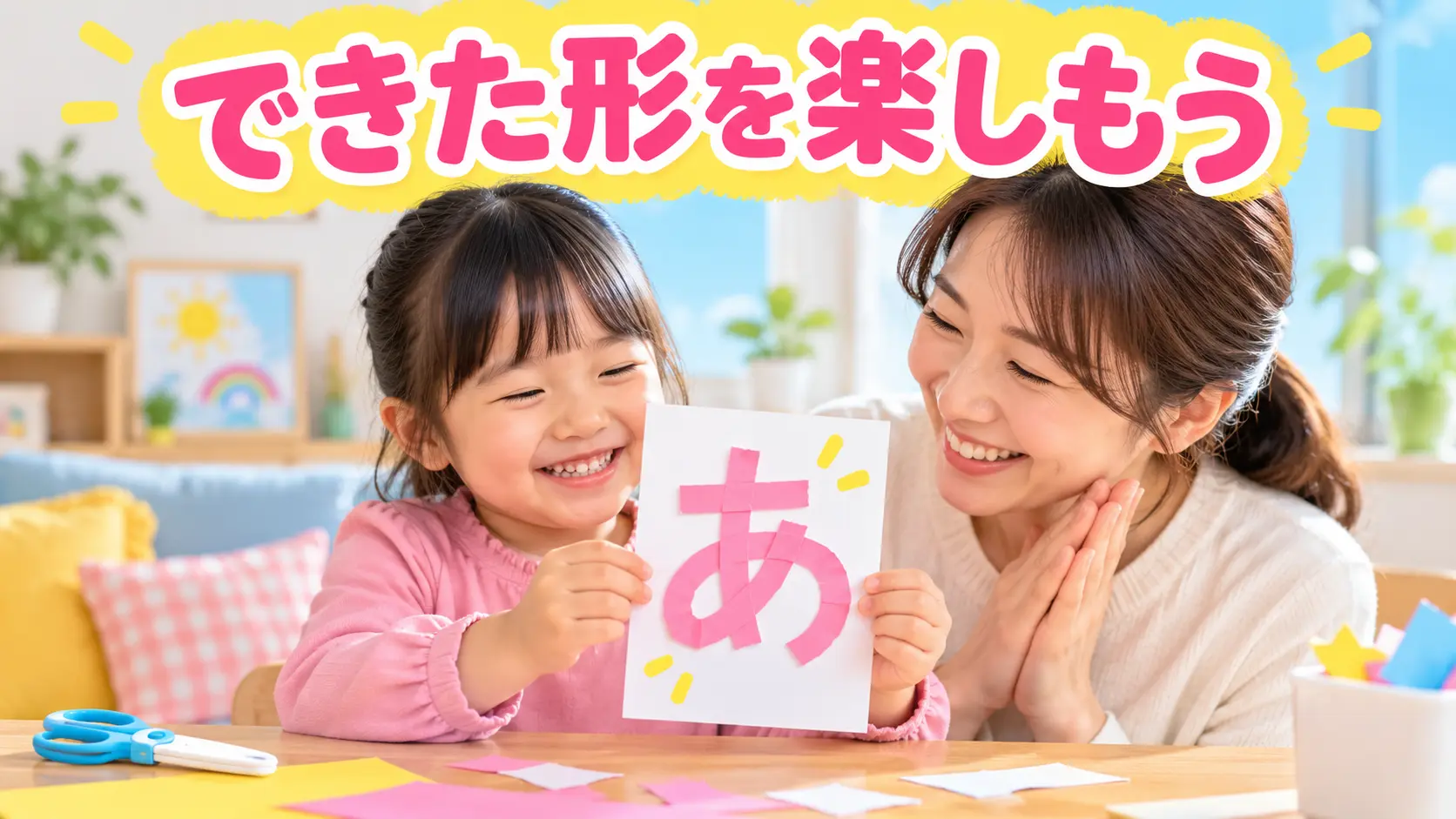 線からはみ出した文字の形を親子で楽しんでいる様子