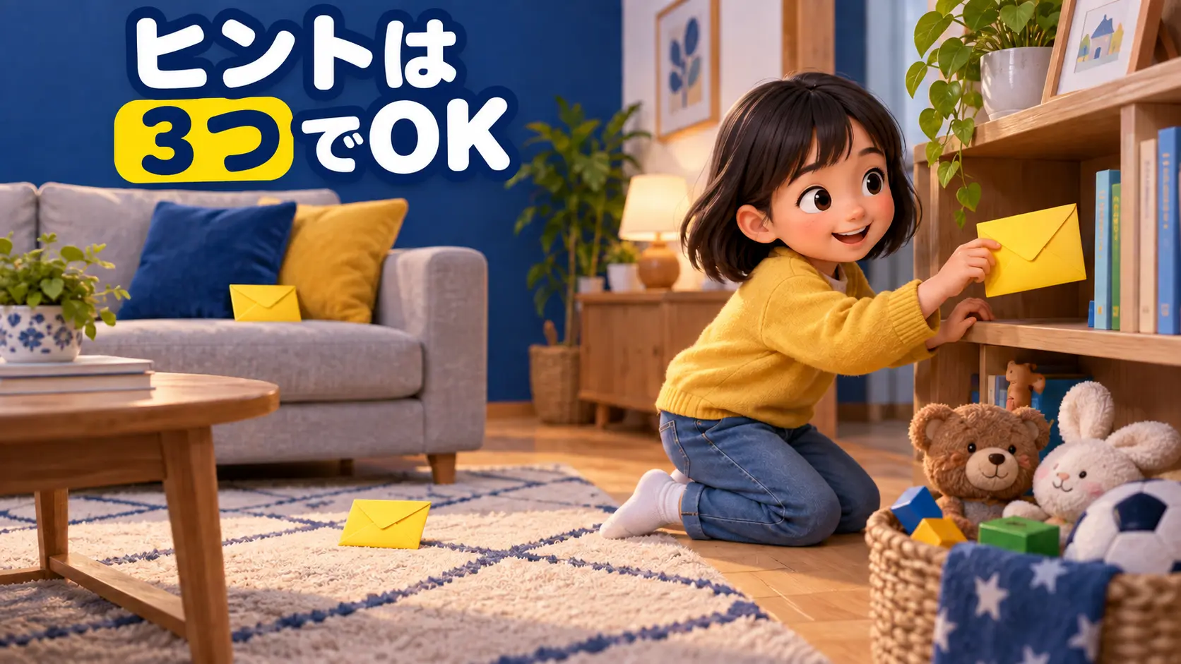 家の中の3つの手がかりを順番に探す子ども