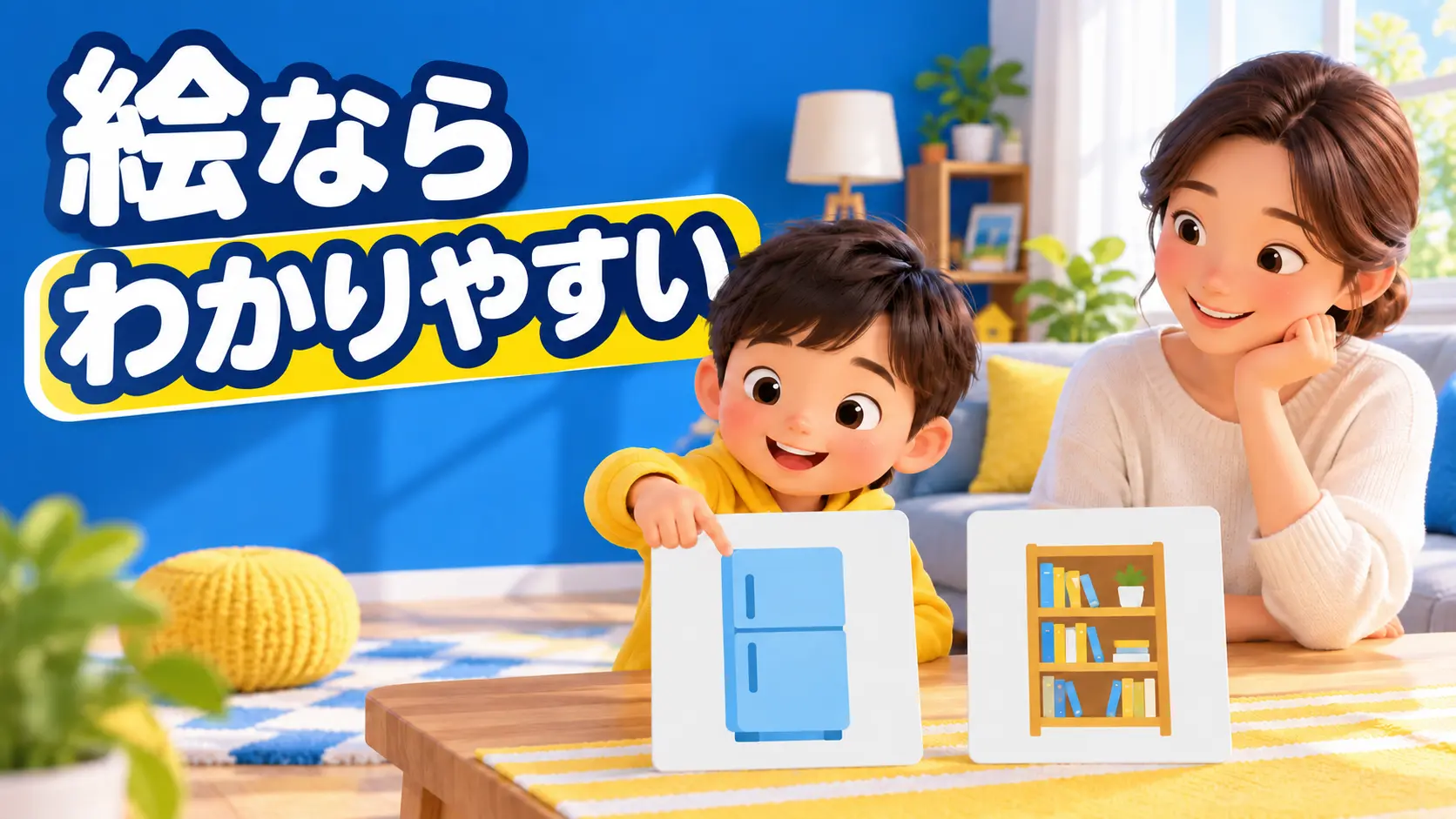 絵と短いひらがなの手がかりを選ぶ子ども