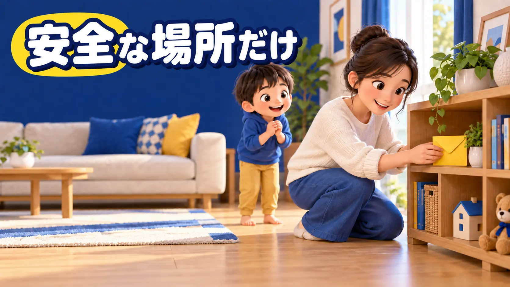 大人が安全な高さへ宝探しの封筒を置く様子