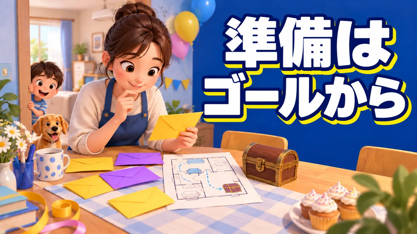 保護者が誕生日会の宝探しをゴールから準備する様子