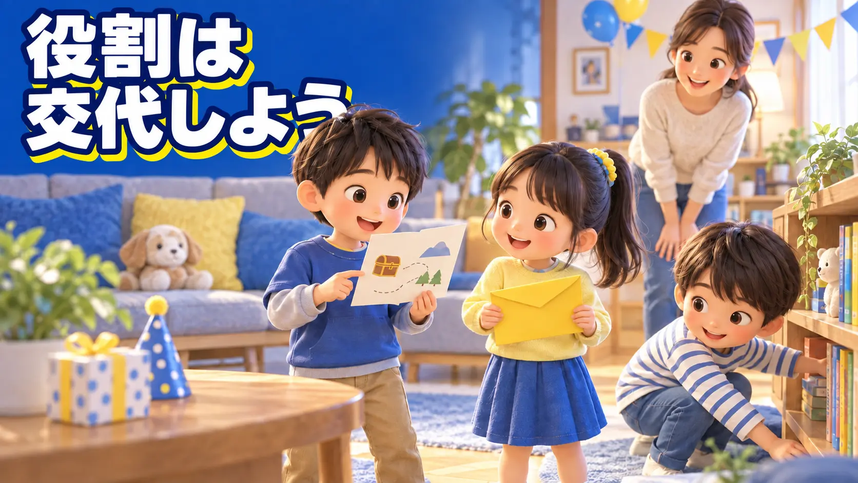誕生日会の宝探しで読む係と探す係を交代する子どもたち