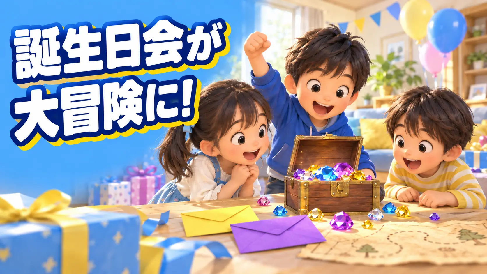 小学生の誕生日会で友だちと宝探しを楽しむ様子
