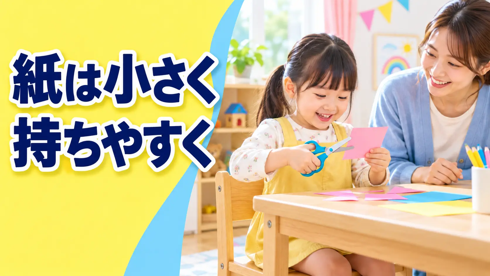 小さく持ちやすい紙を体の正面に置いてはさみを使う子ども