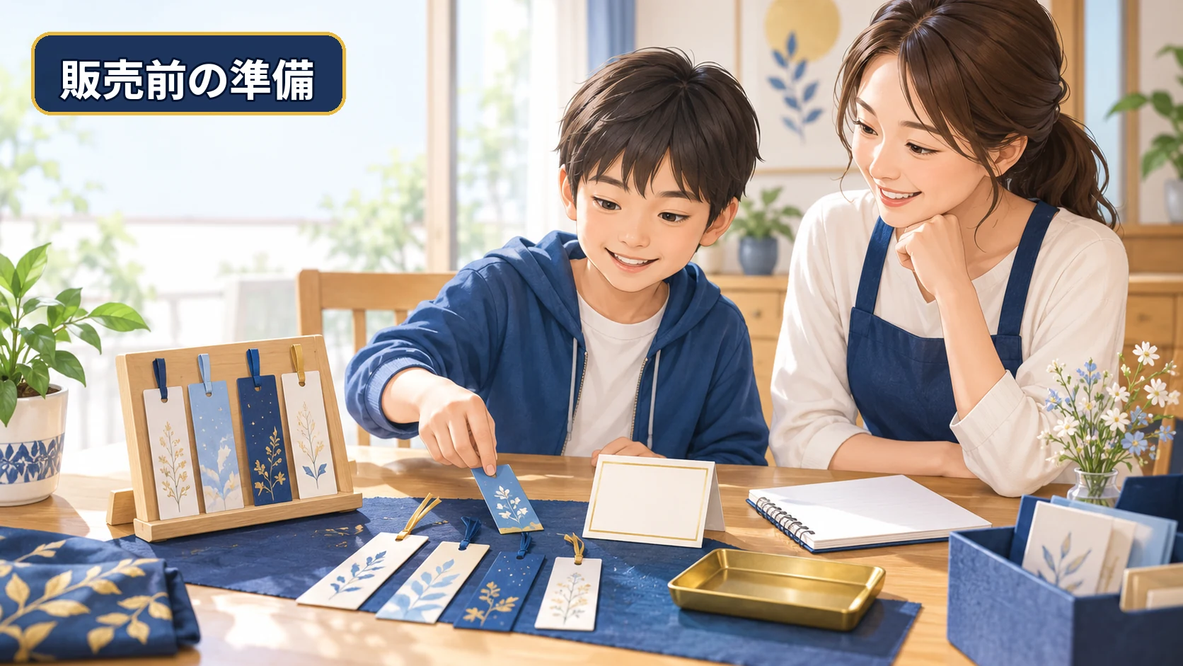 小学生と保護者が手作りのしおりを並べて販売前の準備をしている様子