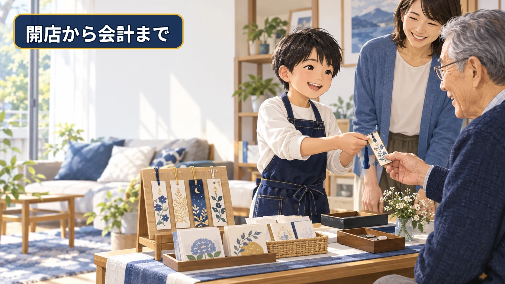 家族だけのお店で小学生が手作りのしおりを祖父へ渡している様子