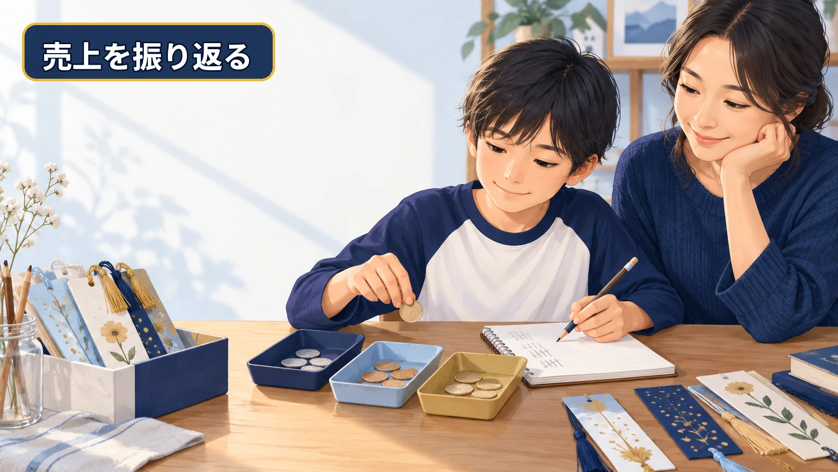 販売後に小学生と保護者が売上と使ったお金を分けて振り返っている様子