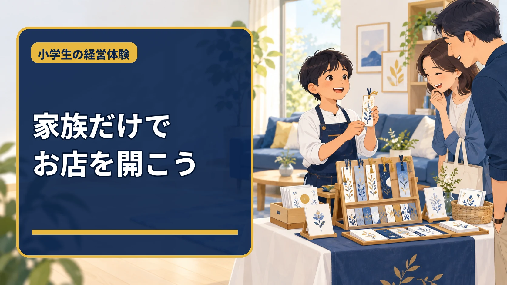 家族だけでお店を開こうという見出しと、手作り品を並べた小学生の家庭内ショップ