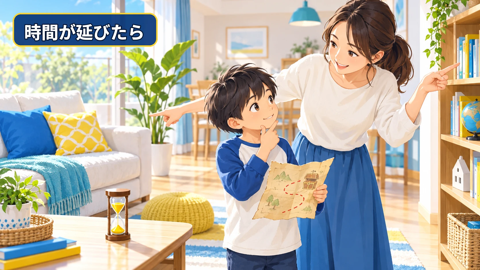 宝探しの時間が延びたとき、保護者が答えを言わず探す範囲を示している様子