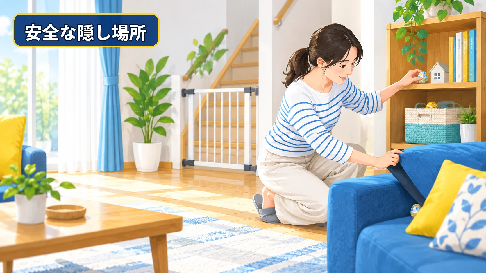 保護者が低い棚やかご、ソファ横など宝探しの安全な隠し場所を確認している様子