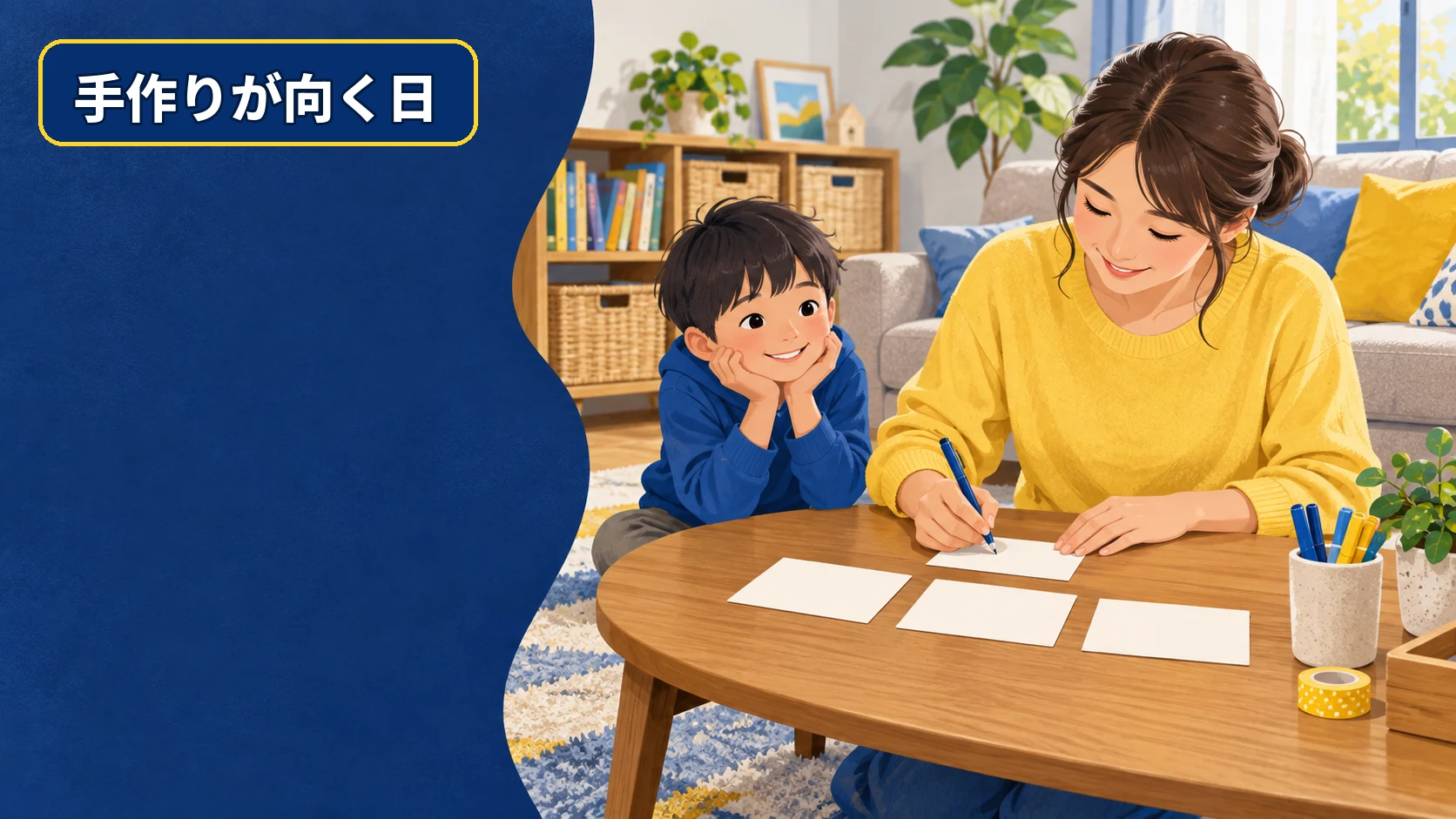 保護者が白いカード3枚におうち謎解きの手がかりを書く様子