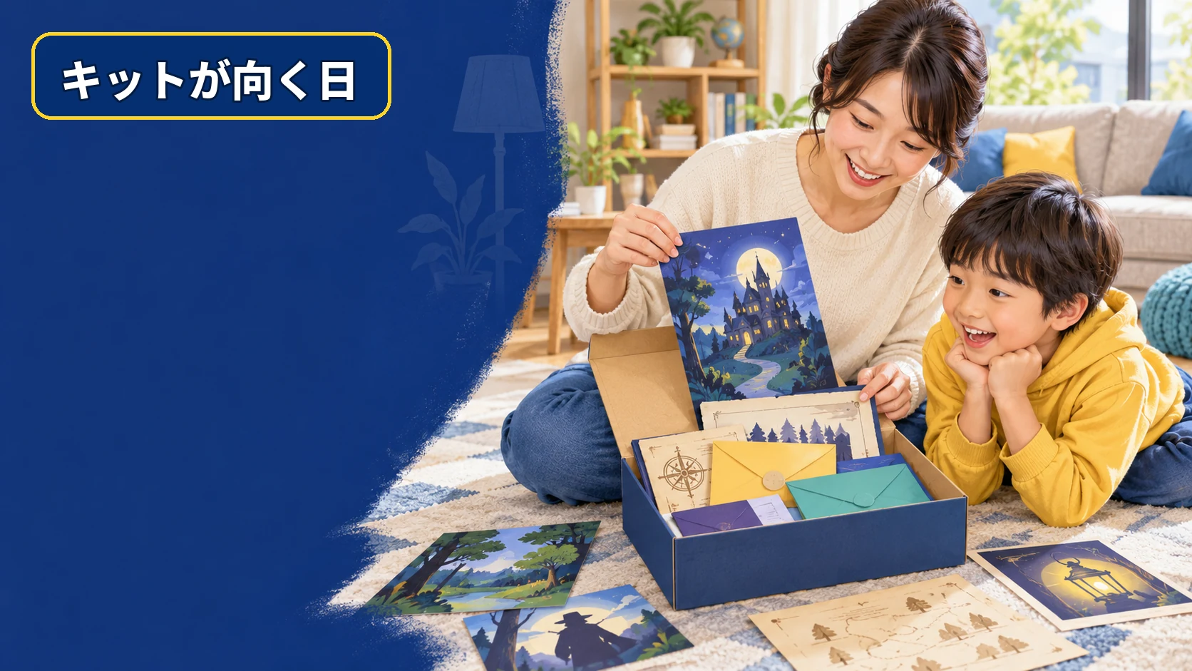 親子が物語カードと封筒がまとまったおうち謎解きキットを開く様子