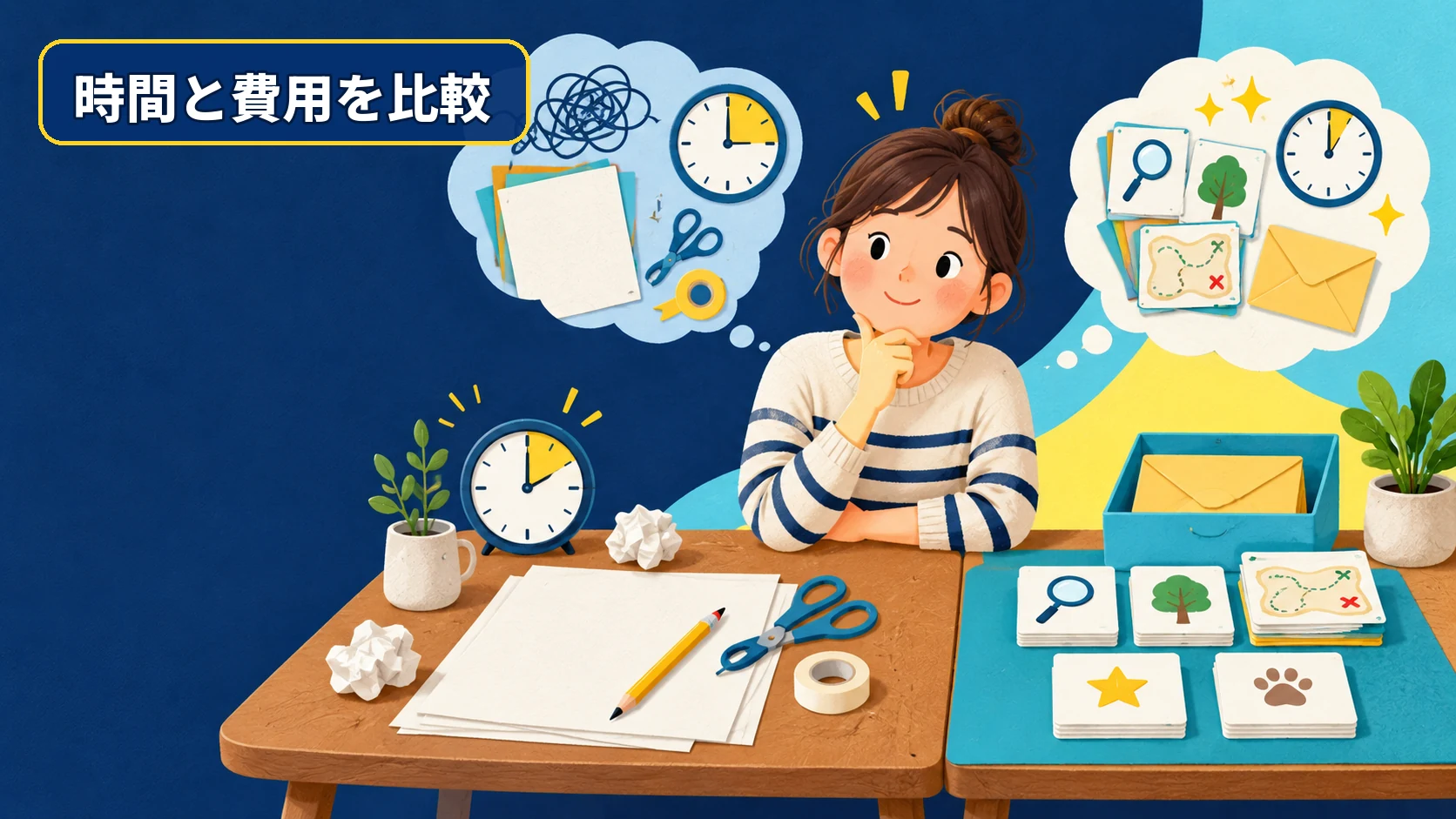 おうち謎解きの手作り用品とキットを時計と一緒に比べる保護者