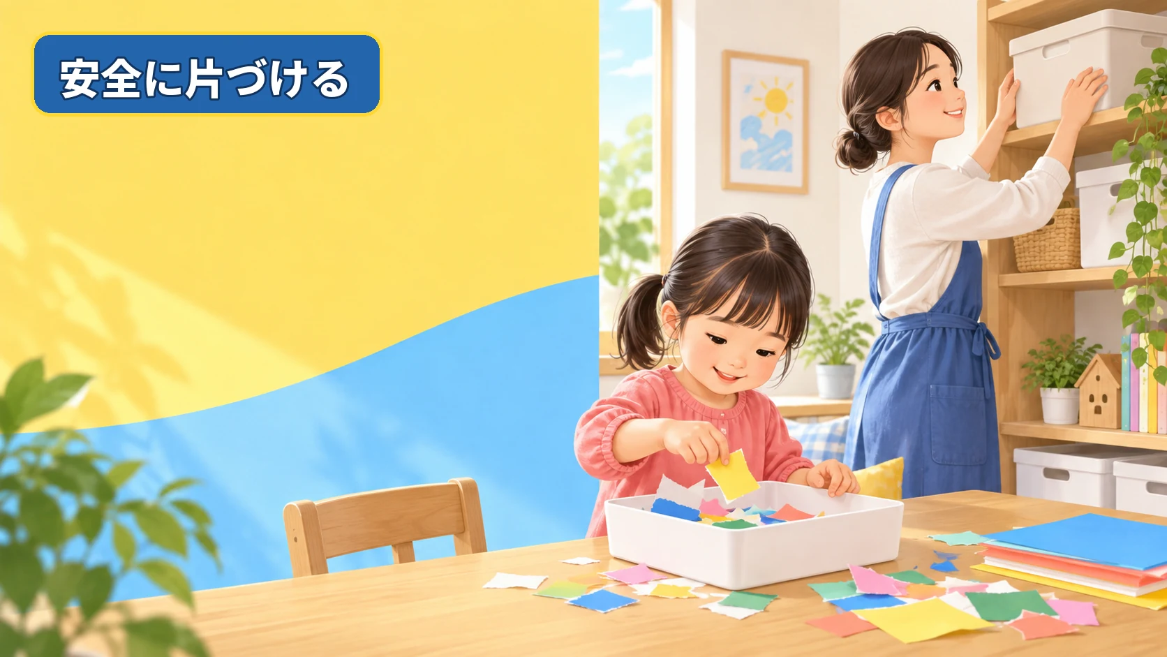 子どもが紙くずを集め保護者がはさみを入れた箱を高い棚へ片づける様子