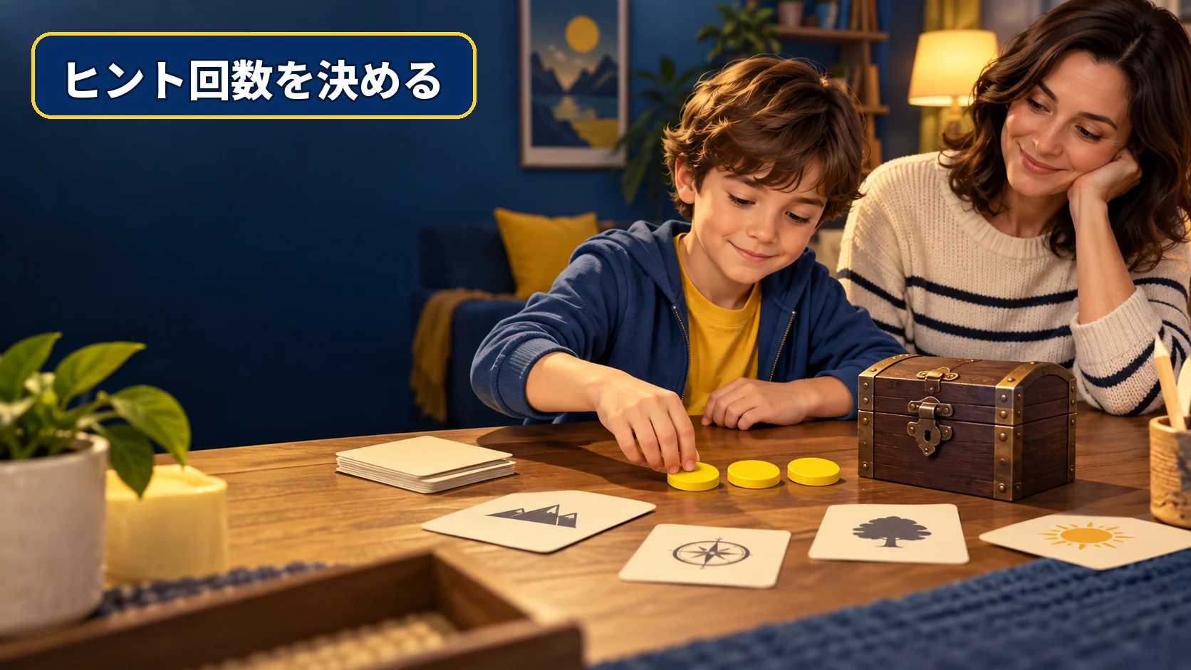 使うタイミングを自分で決められるヒント用のコインを並べる子ども