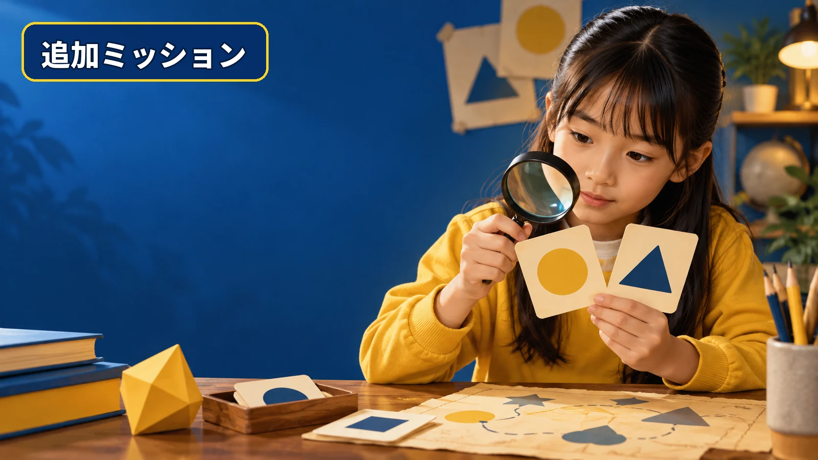 二枚の手がかりカードを見比べて追加ミッションに挑戦する子ども