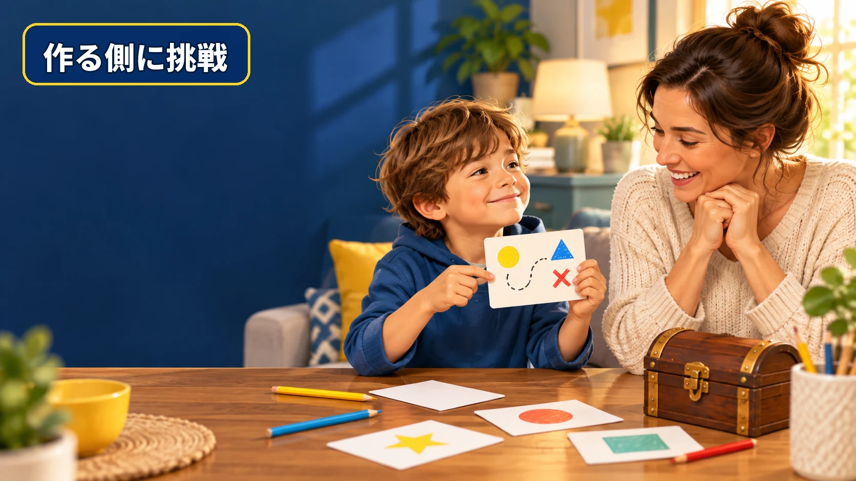 子どもが自分で作った謎解きカードを親に出題する様子