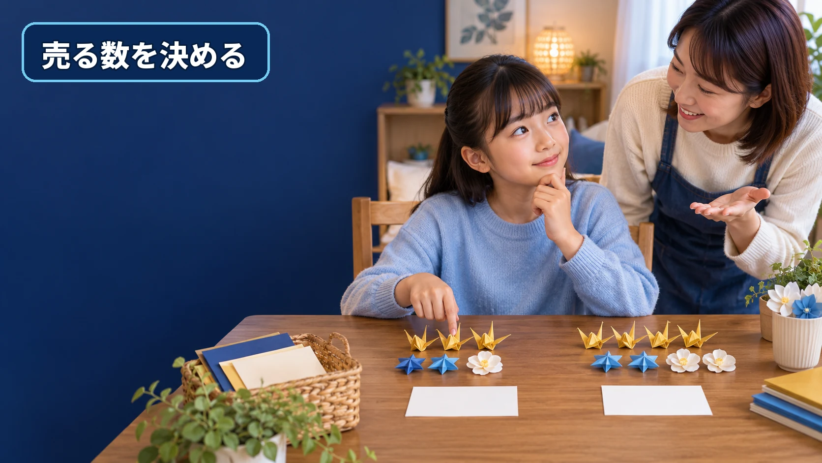 家族向けのお店で売る紙工作の数を親子で考える様子