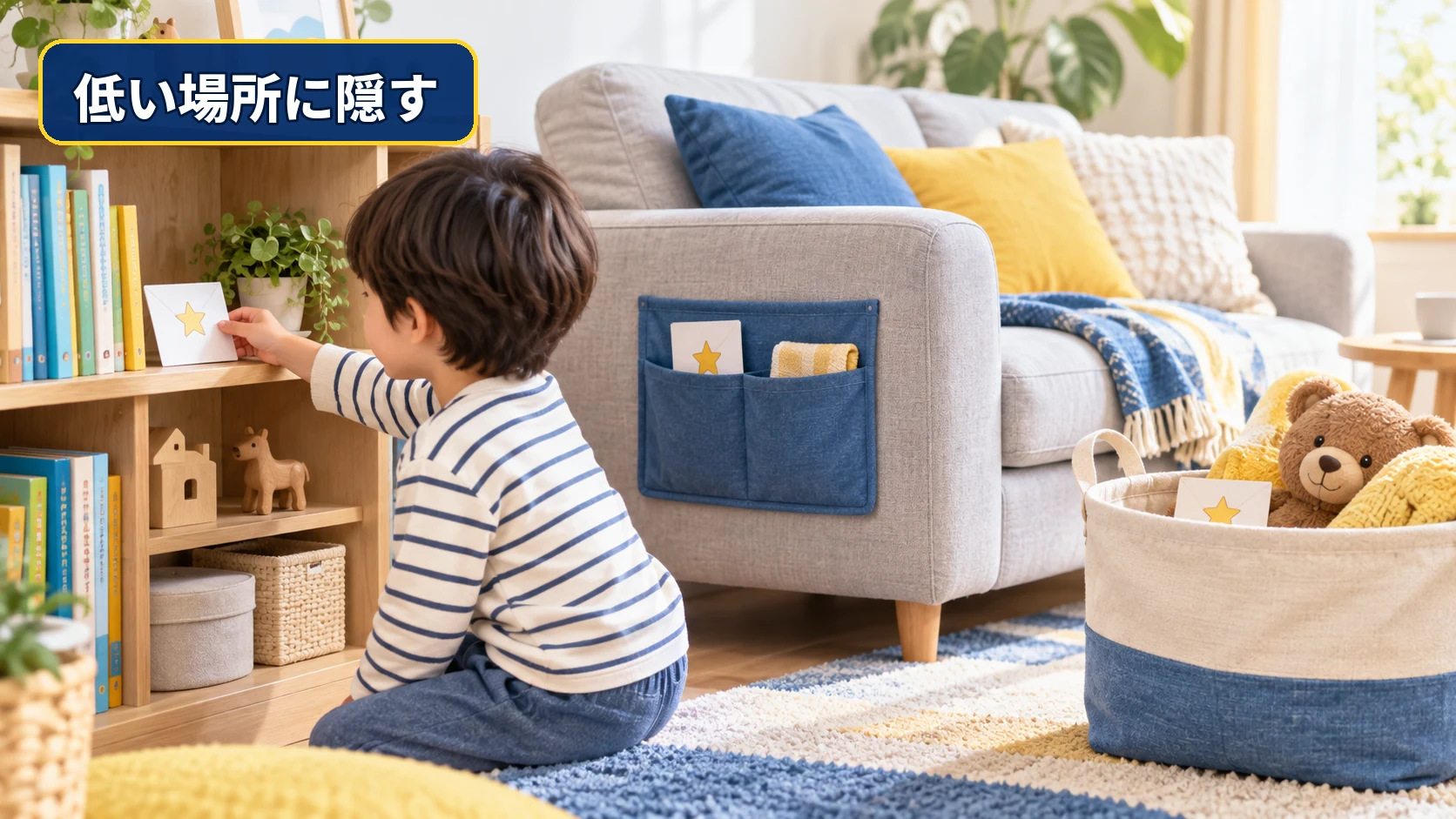 低い本棚やソファ横など安全な場所に宝探しの手がかりを置く例