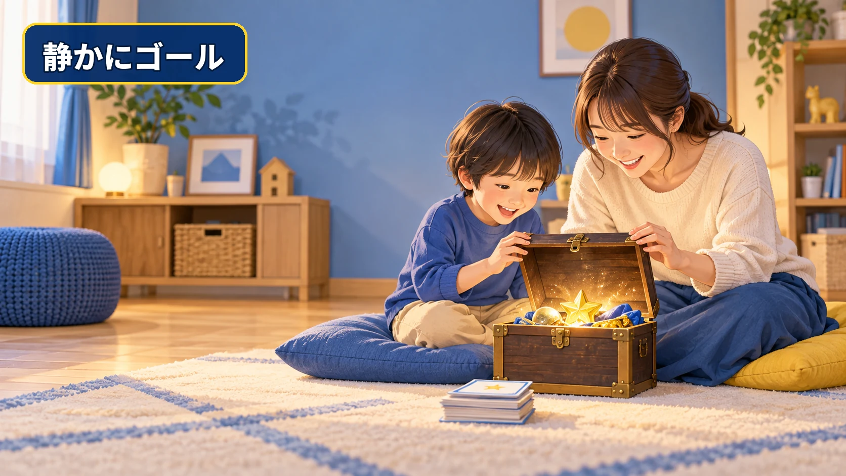 マンションの室内で静かに宝箱を開ける親子