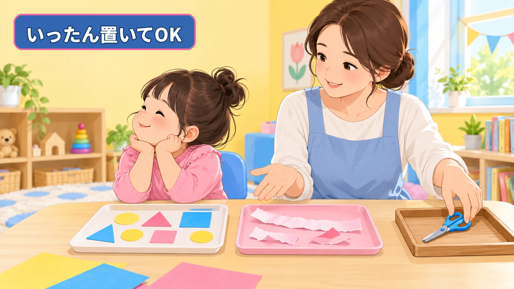子どもがはさみ遊びを嫌がったため保護者が閉じたはさみをいったん片づける様子