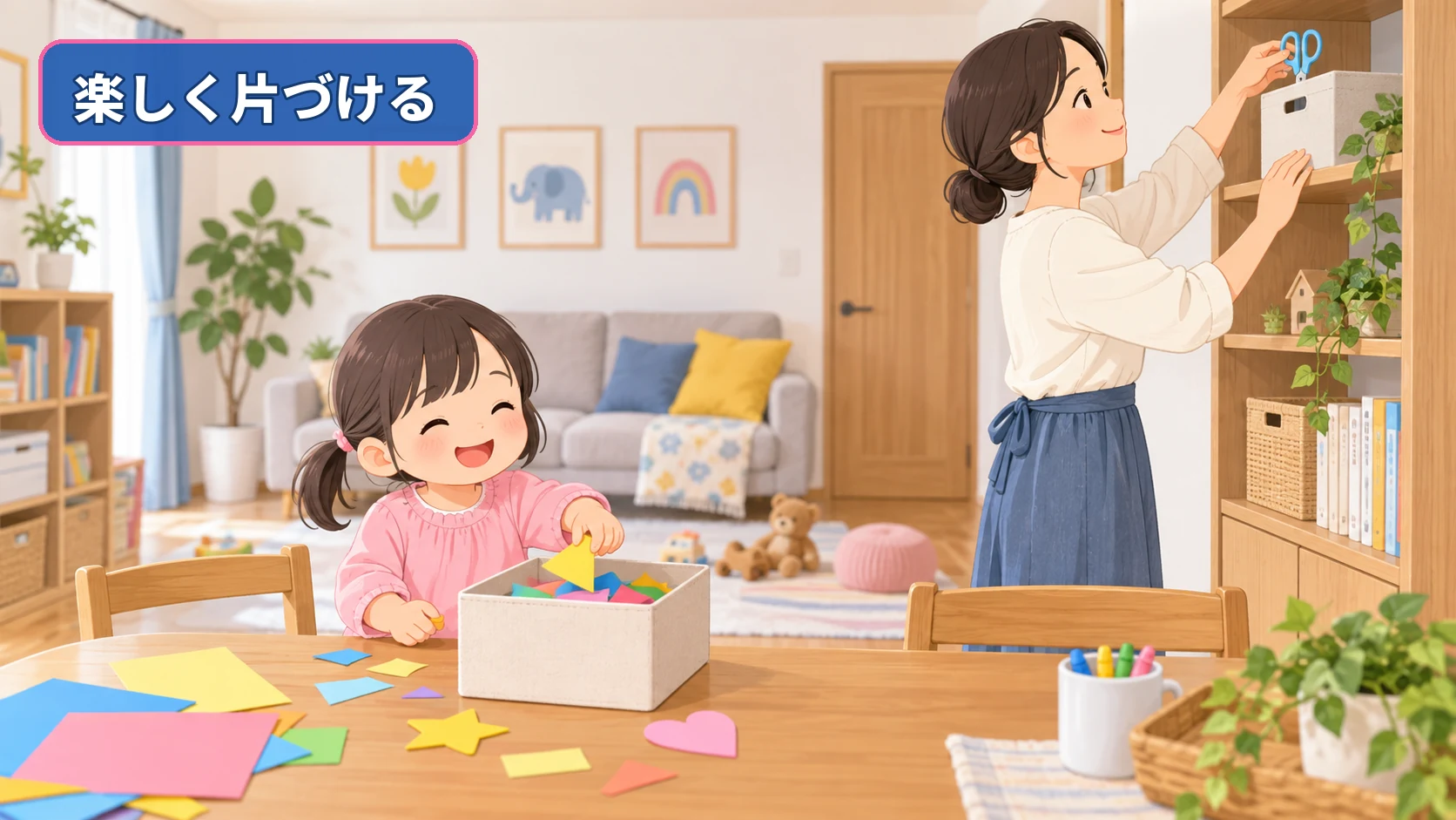 子どもが紙を片づけ保護者が閉じたはさみを高い場所へ収納する様子