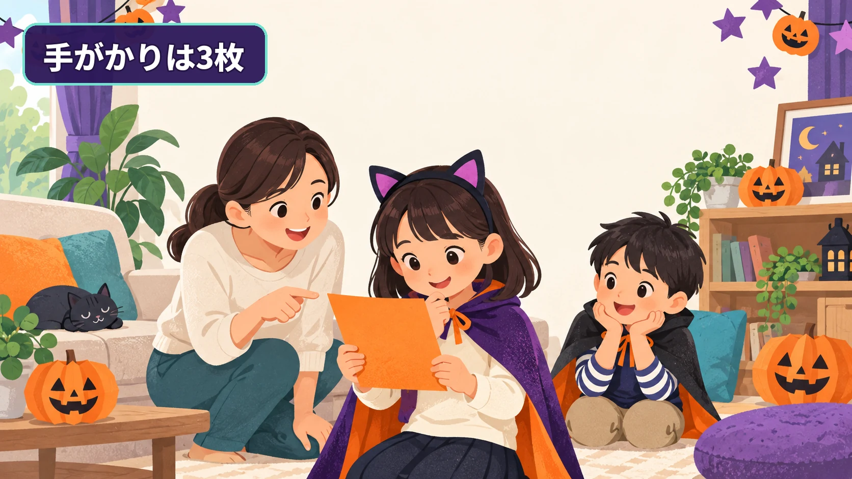 ハロウィンの仮装をした子どもがオレンジ色の手がかりカードを読む様子
