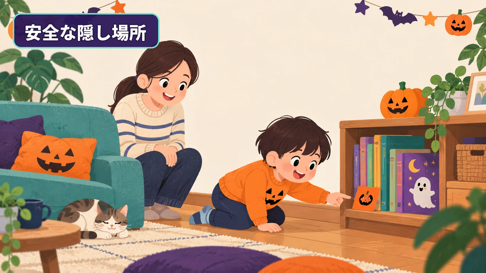 低い本棚の見える位置に安全に置かれたハロウィン謎解きの手がかり