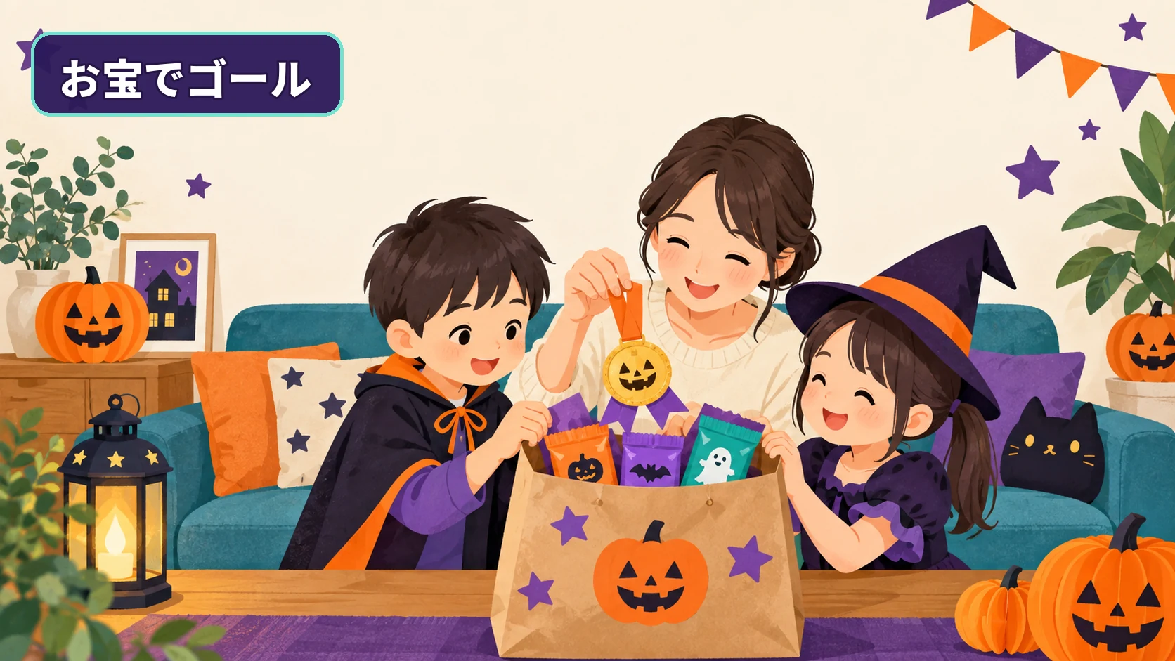 ハロウィン謎解きの最後に親子で紙袋のお宝を開ける様子