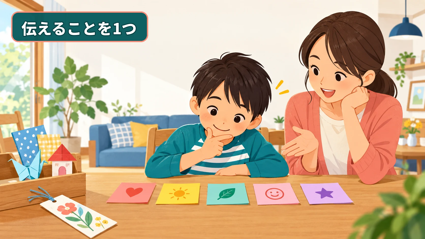 小学生が商品とおすすめ理由を付箋に書いて選ぶ様子