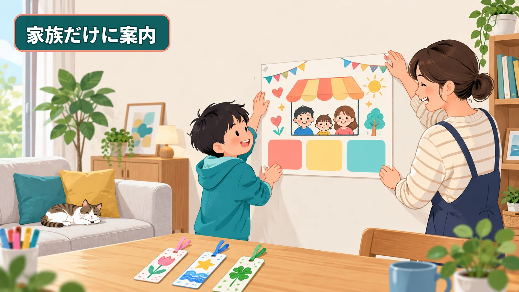 完成した家族向けのお店ポスターをリビングの壁に貼る親子
