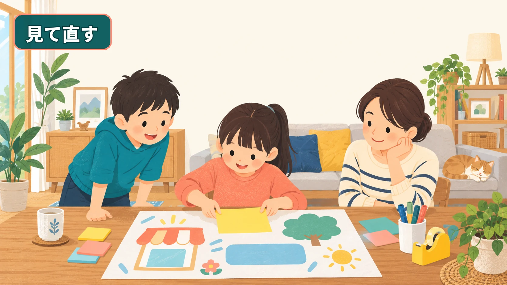 小学生が家族の意見を聞いてお店ポスターの文字を直す様子