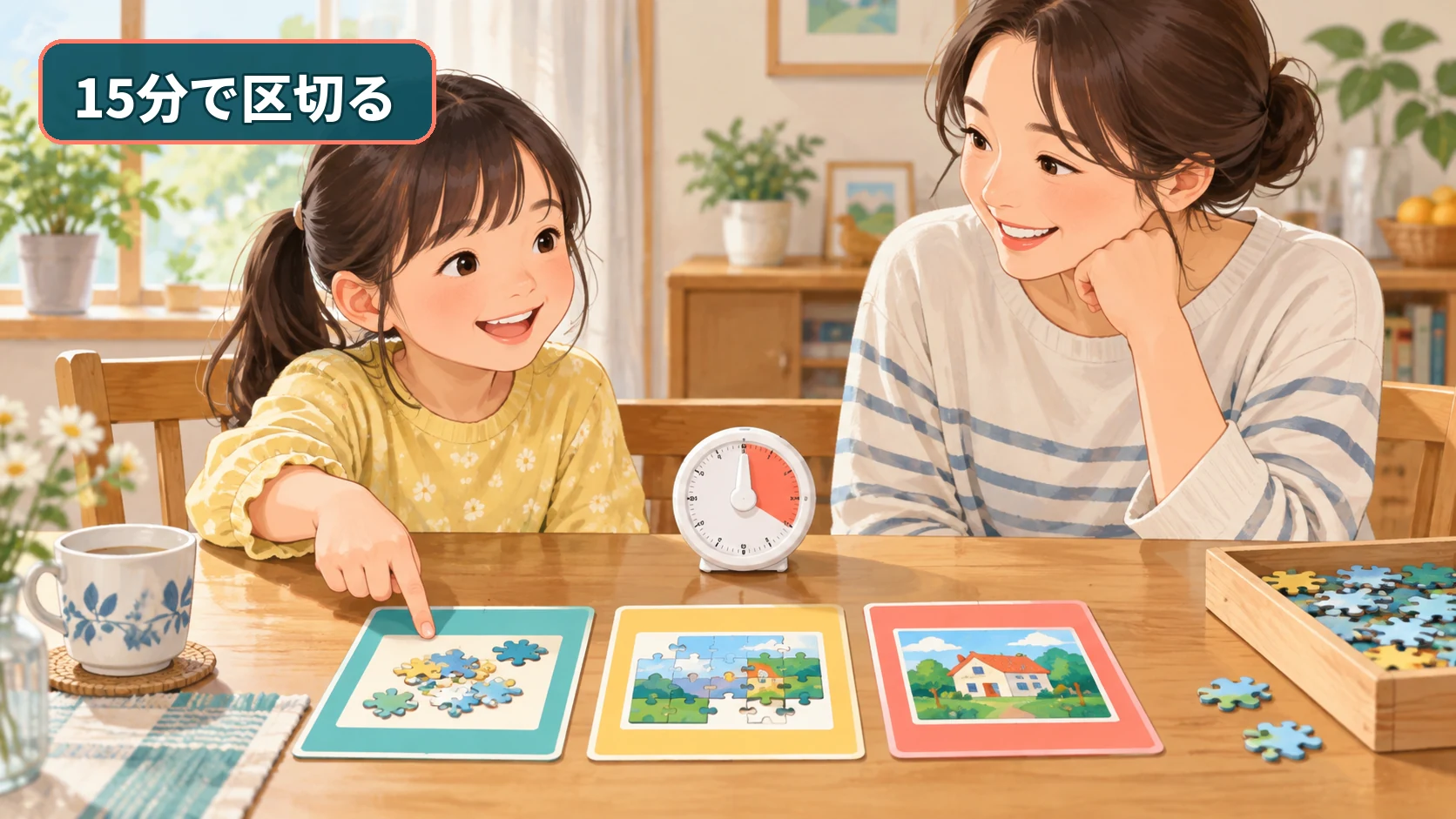 家の謎解きを三つの短い時間に分けて選ぶ小学生と保護者