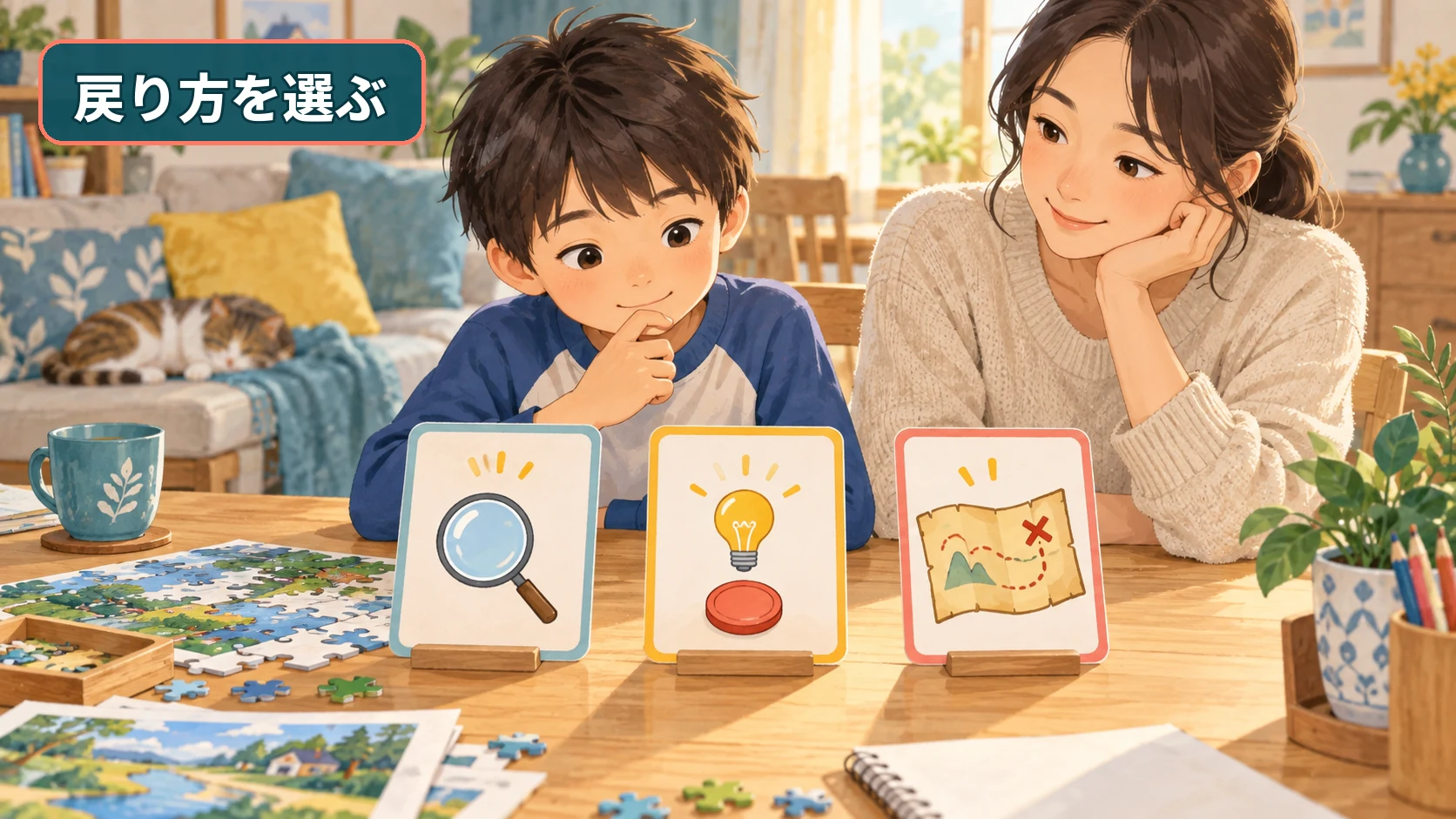 小学生が虫眼鏡やヒントなど謎解きの戻り方を自分で選ぶ様子