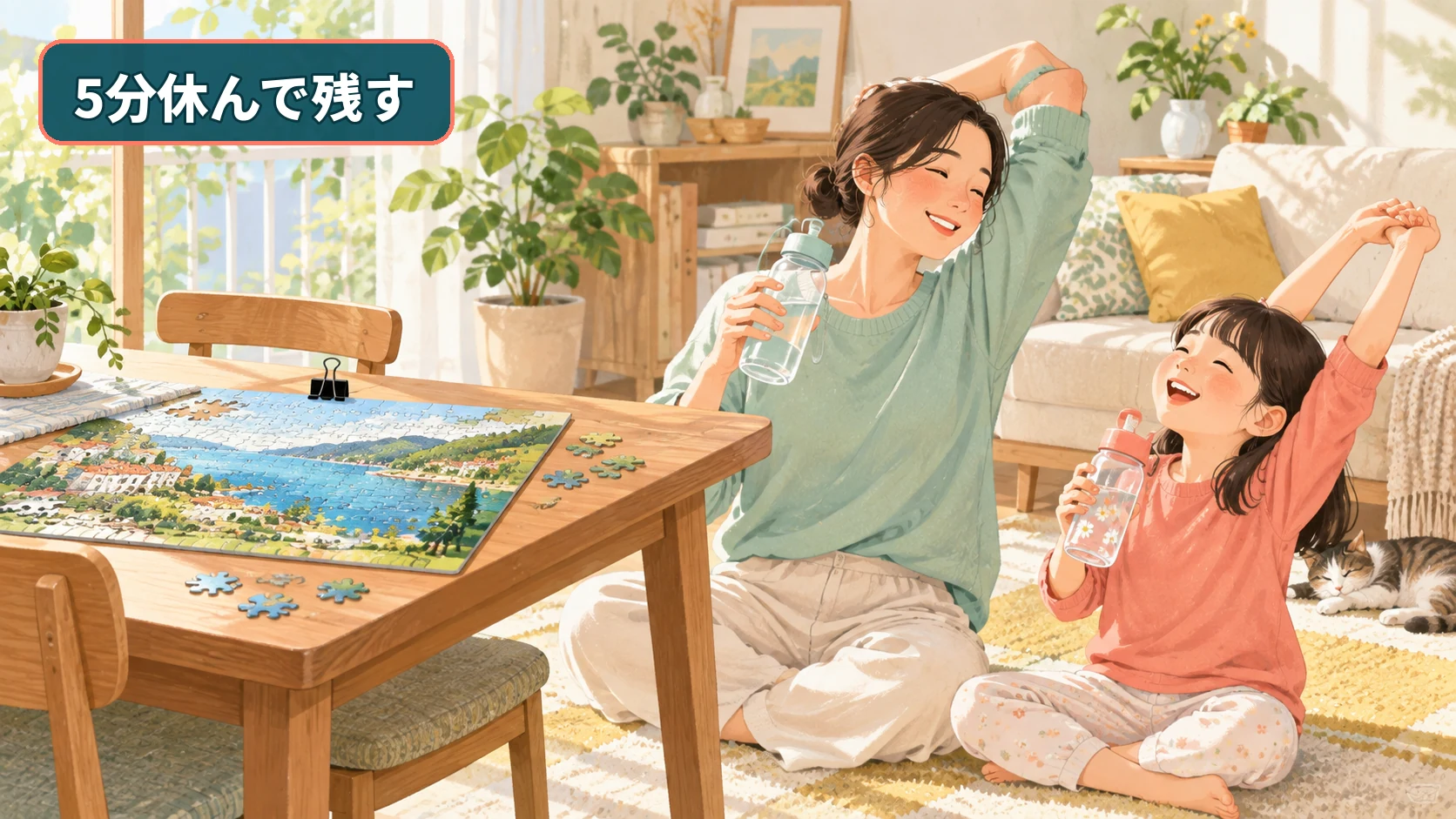 謎解きを机に残して水分をとり体を伸ばす小学生と保護者