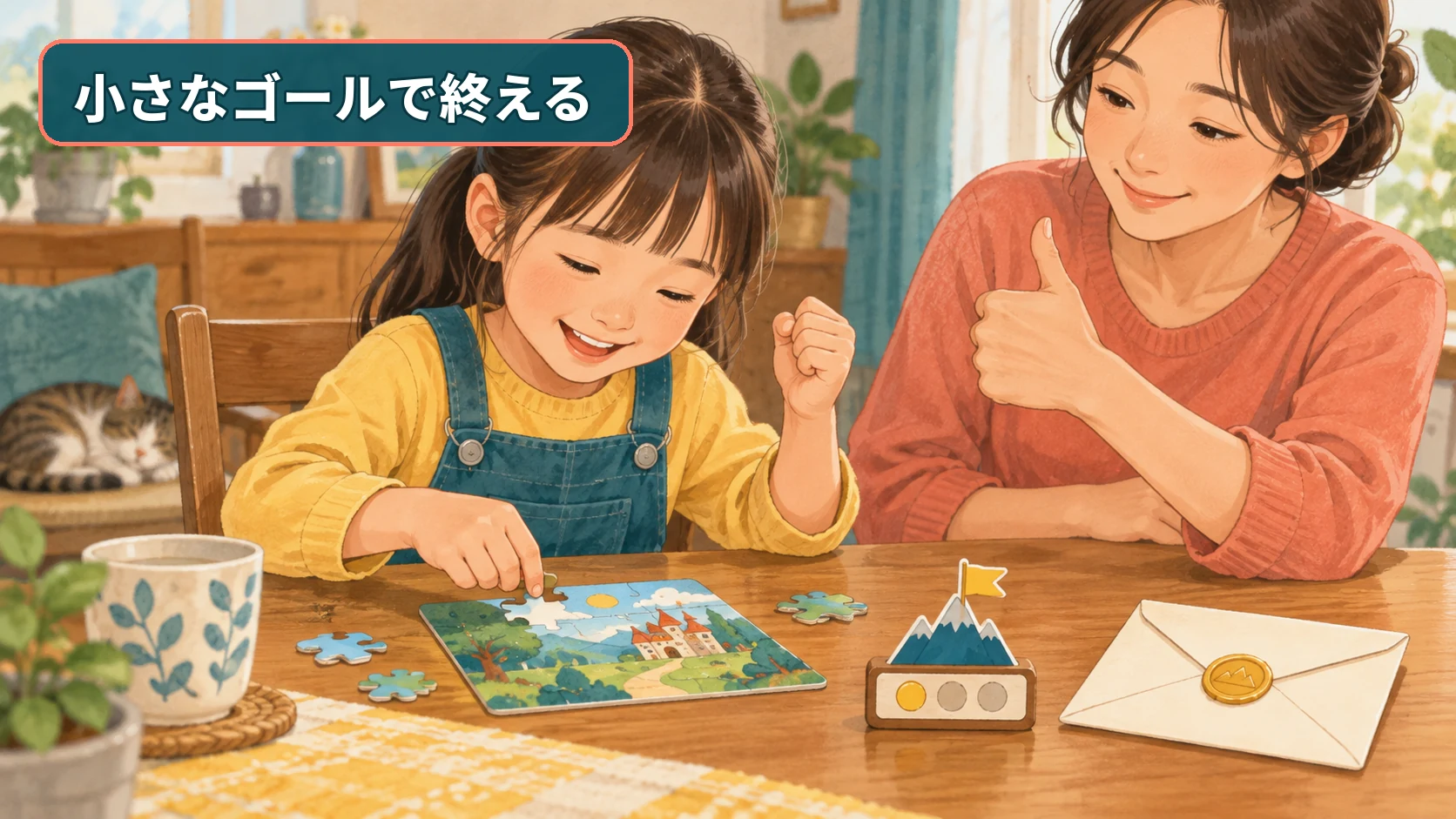 休憩後に小さな謎を一問解いて区切る小学生と見守る保護者
